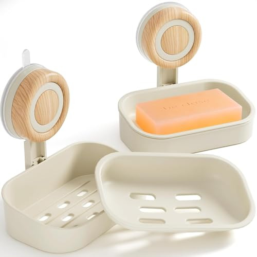 Double Layer Soap Dish for Shower 2 Pack, Wall Mounted Bar Soap Holder Suction Cup 2 Layer Self Draining Soap Case Sponge Holder for Shower Bathroom, Tub and Kitchen Sink, Drill-Free Tray (Beige)
