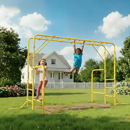 FZTEGJMY Outdoor Monkey Bars for Kids, Steel Monkey Bar for Backyard, with Climbing and Gymnastics Bar,Free-Standing Playset for Children Age 3-12,Compact for Small Yards, Yellow