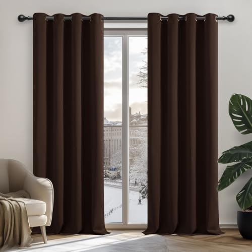 Deconovo Energy Saving Curtains Ring Top Blackout Curtains Blackout Eyelet Curtains for Kids Bedroom Brown 42 x 95 Inch 2 Panels