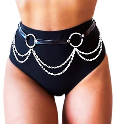 REETAN Goth Waist Chain Belt Black Leather Rave Punk Body Accessories for Women