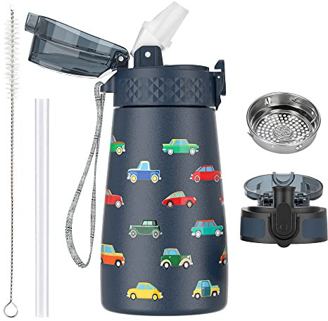 350ml/12oz Borraccia per Bambini in Acciaio Inossidabile con Cannuccia per Scuola con 2 Diversi Coperchi Bottiglie d'acqua Isolate Sottovuoto in Metallo Fiaschetta per Bevande Fredde Calde Senza BPA