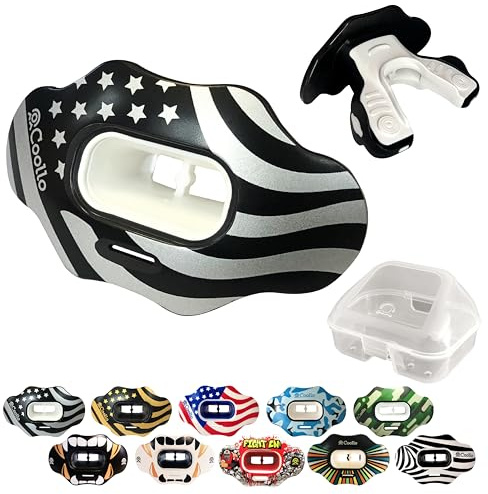 COOLLO SPORTS Lip Guard Mouthguard MAXX/Might Football and High Impact Sports Lip Protector for Adults & Youth (Strap Included) (American Flag -Silver -(Two Layers), with Case (Adult 8+))