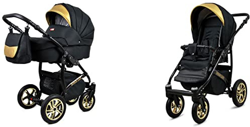 BabyLux Gold Lux 2-in-1 Baby Kinderwagen Tief und Kinderwagen mit Zubehör Verstellbar und faltbar Aluminium Konstruktion Wasserdicht Nicht abnehmbare Räder Onyx Black Frame