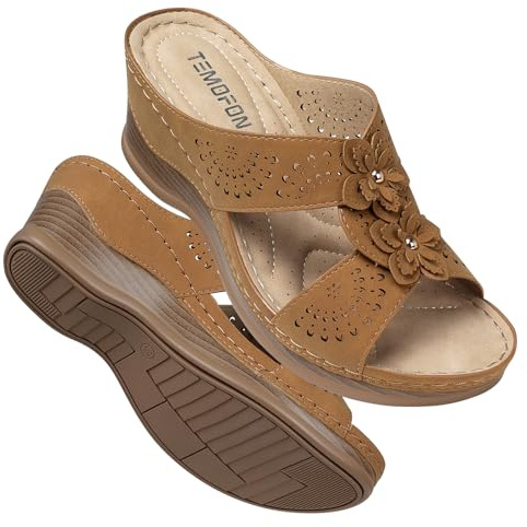 TEMOFON Womens Wedge Sandals Leather: Casual Women Slip on Summer Platform Wedge Sandals Dressy Brown Walking Comfortable Low Heels Size 8