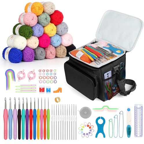 Aeeque 101 PCS Häkelset mit Wolle, Komplettes Häkelset Anfänger mit Multifunktional Häkelntasche, Metal Häkelnadeln mit Gummigriff, Häkelzubehör, Erwachsenen Häkeln Set für Schal, Mütze, Socken, Decke