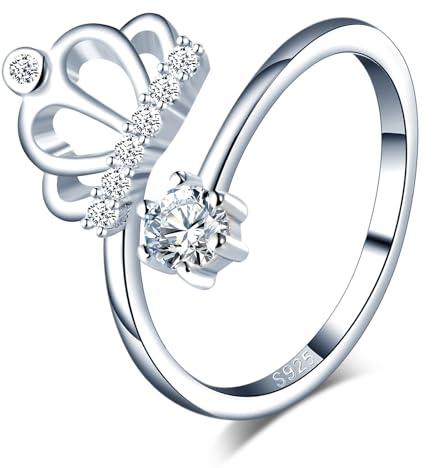 VIKILEE Anillo de plata de ley 925 anillo de mujer chica con corona de circonitas en tamaño ajustable para novia, prometida o anillo de compromiso.