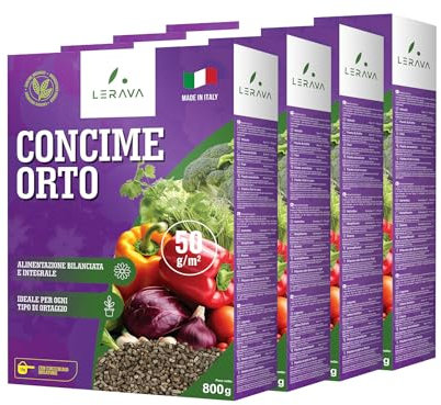 LERAVA® Concime per orto [BIO] - 4x800g - Migliora la crescita di piante e ortaggi e la fertilità del suolo - concime universale + tappo dosatore - concime organico - 100% Made in Italy