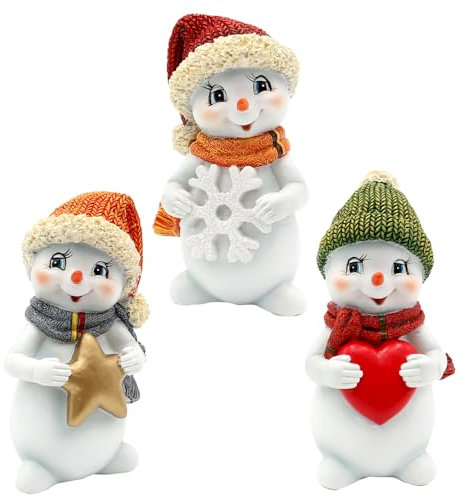 Dekohelden24 Schneekinder - Schneemänner als 3er Set mit Mütze und Schal in rot, grün und orange, stehend mit Stern, Schneeflocke und Herz, L/B/H 6 x 5 x 11 cm