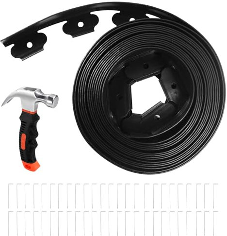 MaxAwe Bordo flessibile in plastica con 50 ancore, bordo per aiuole da giardino, lunghezza 10 m, altezza 5 cm, con 1 martello, bordatura per prato, recinzione giardino, profili per prato, facile da