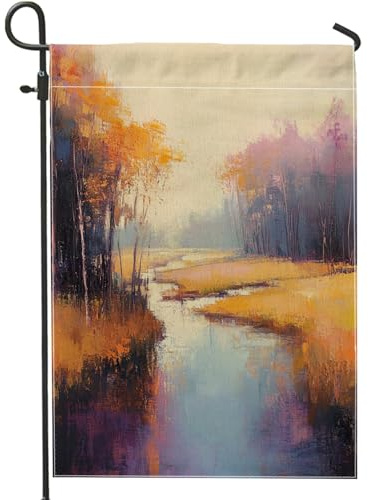 Drapeau de jardin paysage de rivière automnale, orangers chauds, décoration d'intérieur, drapeaux de jardin, drapeau de jardin double face en toile de jute, décoration de pelouse extérieure