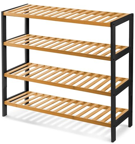 KEPLIN Natural Bamboo Shoe Rack Easy Assembly & Strong Design Shelf Organiser Ideal for Bedroom, Bathroom, Hallway & Small Spaces Capacity Up to 12 Pairs of Shoes (Black/Natural, 4 Tier) (70x67x25cm)