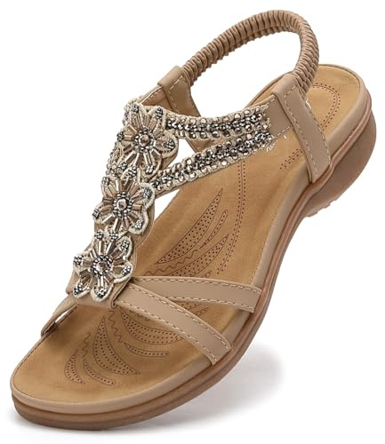 Littleplum Womens Flat Sandals with Arch Support Casual Summer Bohemia Rhinestones Sandals