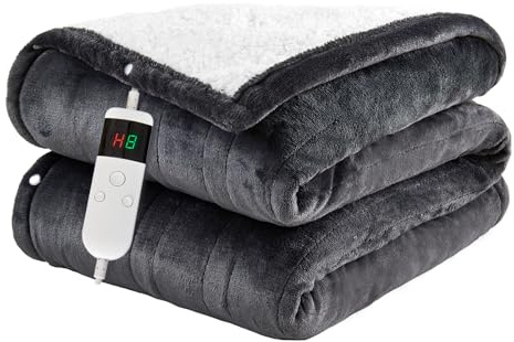 Qieryun Heated Twin 150×200cm Electric Blanket, 10 Heating Settings, 1-8h Timer overheat Protection, Machine Washable, Flannel & Sherpa Full Body Warming, Electric Throw Blanket for Sofa