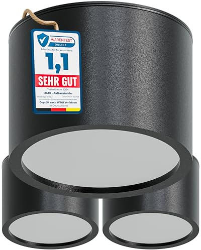 MATO 3x Aufbauspot GX53 schwarz - IP44 Spritzwassergeschützt - Ø80x60mm - Aufbaustrahler mit GX53 Fassung - Aluminium Deckenspots Aufputz 230V, Aufbau Spots Decke, Aufbauleuchte - ohne Leuchtmittel
