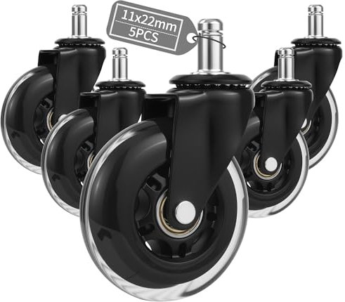 5 piezas Ruedas Silla Oficina, Ruedas para sillas oficina 11 mm x 22 mm, MAX 300kg, Rotación suave y ultra silenciosa de 360 ​​grados, para Pisos duros, paneles, alfombra, laminado y azulejos
