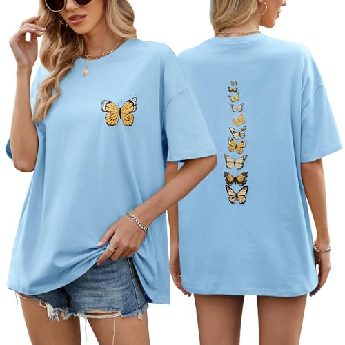 heekpek Camisetas Manga Corta Mujer Tallas Grandes Blusas Algodon Tshirt Oversize Camisetas Basicas Verano Cuello Redondo Holgado Playeras, Azul, M