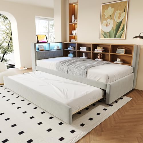 Kebnor Divano letto 90 x 200, letto estraibile 90 x 190, dotato di luci LED, prese e molti scomparti, letto imbottito, divano letto multiuso, letto singolo, flanella (grigio chiaro)