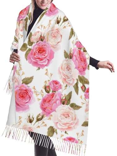 JEJEA Scialle con frange in finto cashmere con stampa floreale rosa con stampa floreale - calda sciarpa invernale da donna, morbida e accogliente per il freddo