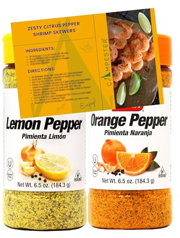 Lemon & Orange Pepper Seasoning Bundle with Citrus Pepper Shrimp Skewers Recipe – Gourmet Flavor Pairing for Seafood, Chicken & Vegetables