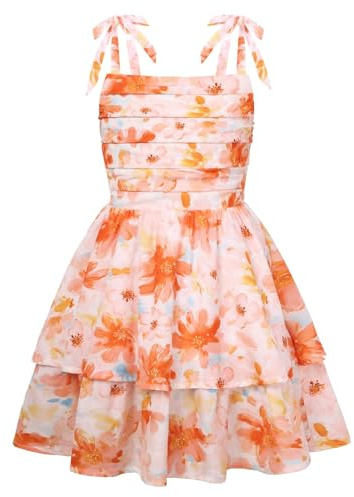 GRACE KARIN Girl's Casual Summer Floral Dresses Sleeveless Flared Ruched Beach Sundress Age 7-14 Years Orange Flower 8 Years