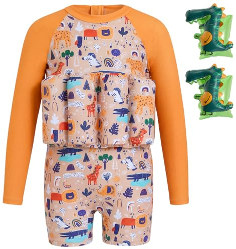 Gogokids Kids Swimsuit with Inflatable Armbands, UV 50+ Sun Protection Swimwear for Toddler 1-6 Years(22-44lbs), Back Zip Long Sleeve