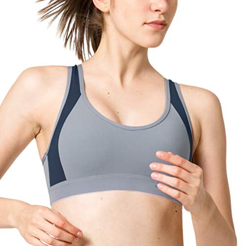Yvette Damen Sport BH Starker Halt Große Größe Gekreuzt Rücken Gepolstert Fitness Lauf Joggen Yoga Bra,Grau/Navy,105F