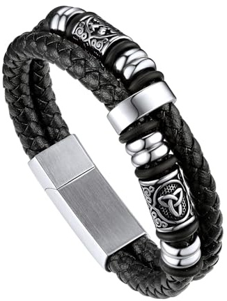 Bandmax Bracelet Homme Cuir et Acier Inoxydable 19cm, Manchette Double Couche avec Perles Viking Nordique, Bracelet Garcon