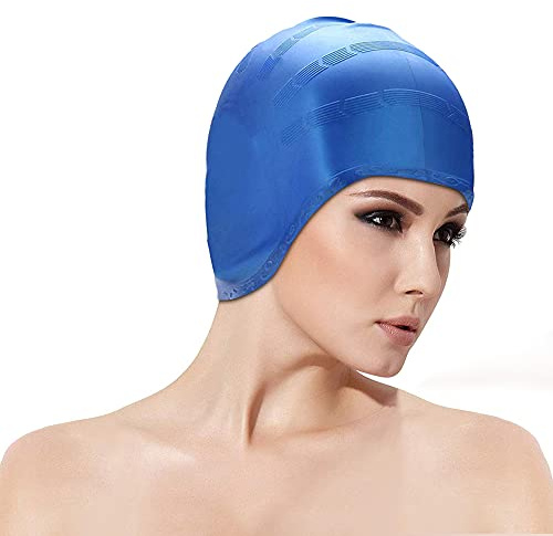 AIBAOBAO Etanche - Bonnets de Natation, Silicone Bonnet de Bain avec Poches d'oreille pour Cheveux Longs, Extensible Confortable pour Hommes Femmes Cheveux Courts Longue Adulte Garçons Filles(Bleu)