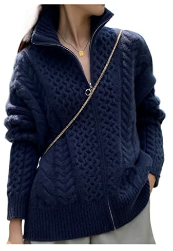 VATIVA Cardigan lavorato a maglia in cashmere spesso con collo alto da donna, 100% cashmere (colore: blu, taglia: XXL)