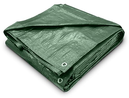 Green Tarpaulin Sheet 2.4m x 3.0m (Cut-Size) Lightweight PE Plastic Tarp 80gsm Water-Resistant Ground Sheet Multipurpose Tarpaulin Covers used for Garden Furniture Shed Camping (8ft x 10ft)
