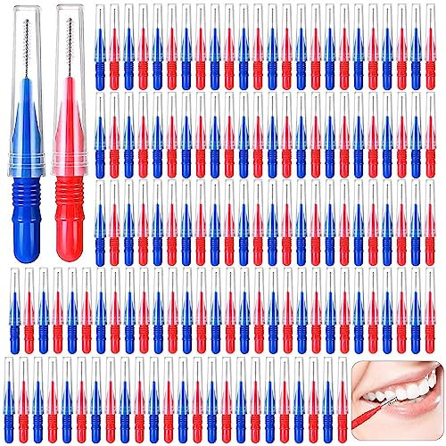 Acboor Zahnzwischenraumbürsten, 100 Stück Interdentalbürsten Dentalbürsten Zwischenraum Zahnbürste Wiederverwendbar für Reinigung Zwischen den Zähnen Zahnreinigung Werkzeug Rot Blau