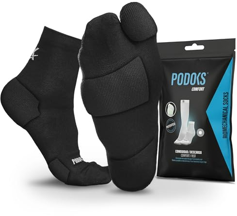 PODOKS - Calcetines hombre y mujer fascitis plantar con compresión para trabajo - Calcetines coolmax con almohadillado y separación del primer dedo (Negro, S)