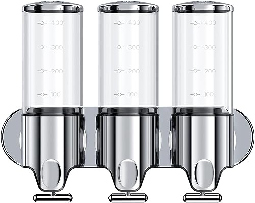 Stainless Steel Drill Free Triple Wall Mount Soap Dispenser Set Shower Bathroom Pump, 3 x 500ML Shampoo Conditioner, Adhesive Reusable Luxury Organizer Declutter Spring Cleaning Gift Idea Fathers Day