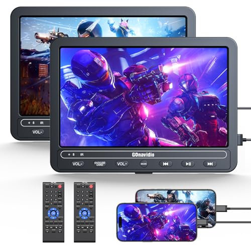 GOnavidio 10,5 Zoll DVD Player Auto 2 Monitore HDMI IN Mit Eingebauter 5000 mAh Akku, Tragbarer Auto Fernseher TV Rücksitz Für Kinder(2 Verschiedene Videos Spielen)