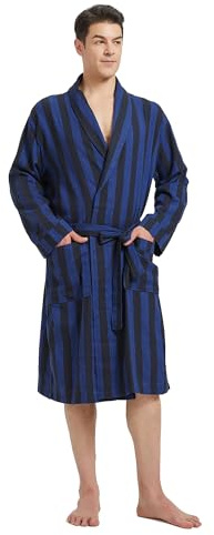 FashGudim Mens Dressing Gowns Lightweight Buffalo Plaid Cotton Robe Shawl Collar Summer Kimono Bathrobe