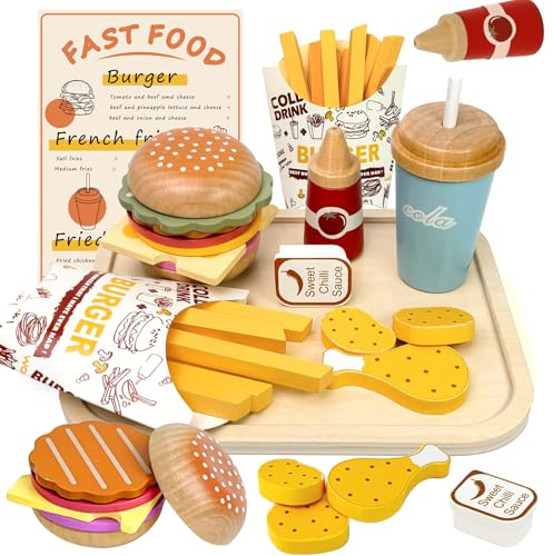 Masonbaby Ensemble de Nourriture en Bois pour Enfants, Jeu de Restauration Rapide, Jouet Hamburger en Bois, Accessoires de Cuisine pour Tout-Petits, Jouets éducatifs Cadeau pour Garçons et Filles