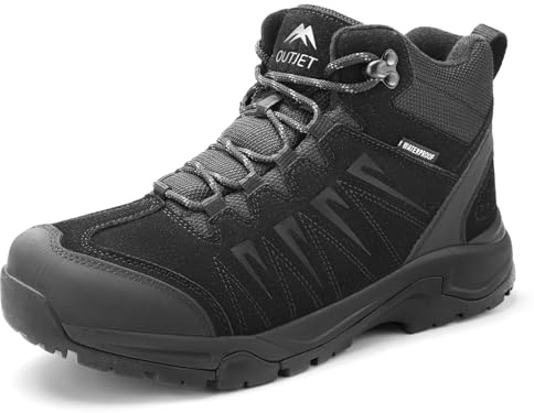 OUTJET Men's Waterproof Walking Boots Lightweight Comfortable Leather Mid Ankle Hiking Boots