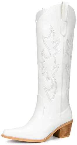 Pasuot Western Cowboy Boots for Women - Knee High Wide Calf Cowgirl Boots, Slip On Pointed Toe Chunky Heel Fashion Retro Classic Pull On Tall Boot for ladies Party concert White US Wide 8.5