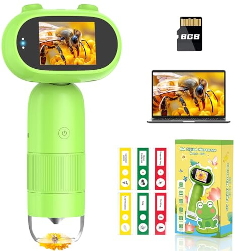 Microscope numérique pour enfants avec écran IPS 2.0, microscope portable 1000X, prend en charge les enregistrements photo et vidéo 5 MP, USB vers PC, 8 LED, microscope pour enfants avec 6 lames +