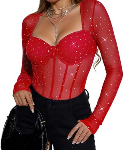 Sukiglam Body Mujer Manga Larga cuello en Corazón Sexy Bodys de Malla Transparente con Lentejuelas Slim Fit Lencería Corsé con Cierre a Presión Chic Interior Shapewear Body Tanga Brillante de Club