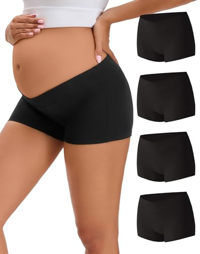 INNERSY Maternity Boxer Shorts Under Bump Pregnancy Postpartum Pants 4 Pack | 100% Cotton Gusset, Low Waist V Shape Boxers Underwear, Comfortable Boyshorts Panties for All Stages & After Birth, Tag-free