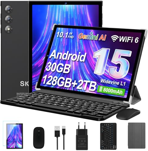 Tablet 10 Pollici Android 15 con Gemini AI, 30GB RAM 128GB ROM+2TB Esp., Octa-Core, WiFi 6 BT 5.0, Widevine L1, Batteria 8000mAh, Fotocamera 8/5 MP, Tastiera Mouse Custodia, Corpo in Metallo - Nero