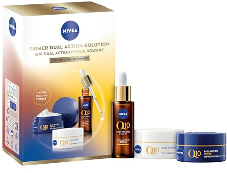 NIVEA Firmer Dual Action Solution Gift Pack, 3-Piece Collection | Q10 Dual Action Power Routine Includes Q10 Anti-Wrinkle Dual Action Serum, Extra Firming Day Cream, Regenerating Night Cream