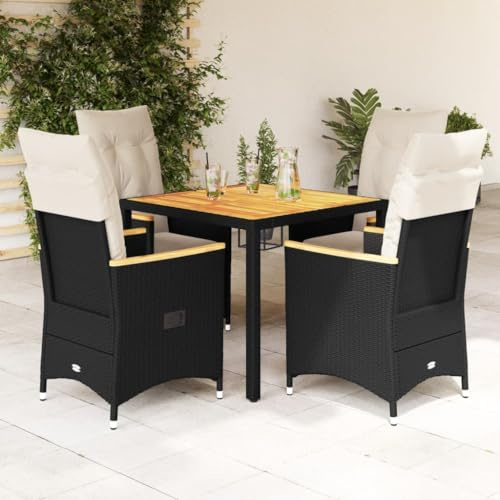 Mokuyary Grupo de comedor de jardín de 5 piezas con cojín, color negro, poliratán de polietileno, mesa de comedor, comedor, impermeable, balcón, terraza, terraza, 90 x 90 x 75 cm
