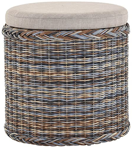 Rattan Wäschekorb Wäschetruhe Sitz gepolstert Honig, Flur-Bank Aufbewahrungsbox mit Deckel Bad-Hocker Sitzhocker Wäschesammler Sitz-Truhe Natur (Mehrfarbig, Rund)