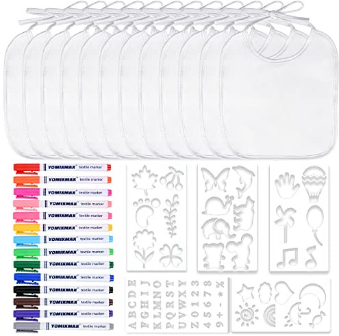 Faburo 12 Stück Baby Lätzchen zum Bemalen, 20 * 24cm Baby Lätzchen aus Baumwolle Doppelseitig mit 14pcs Farbigem Textilstift 5pcs Malen Schablonen für Babyshower Party