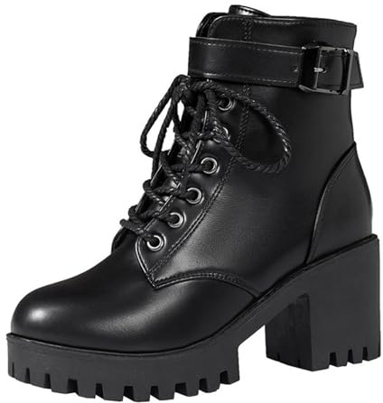 Woaikeyu - Botines para mujer, estilo británico, punta redonda, con cordones laterales, cierre claro, botines grandes con tacón alto, botas, Negro , 40 EU