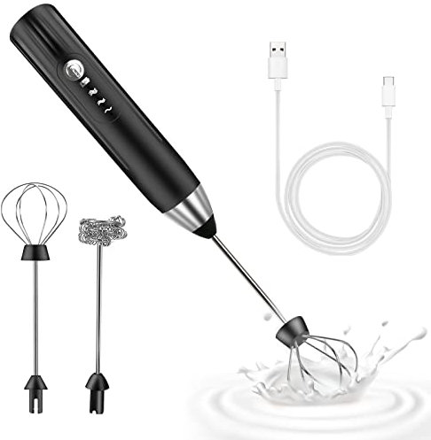 milchaufschäumer elektrisch stab,USB wiederaufladbar milchschäumer elektrisch, elektrischer schneebesen 3 einstellbare geschwindigkeiten edelstahl für kaffee cappuccino (Silber-Schwarz)