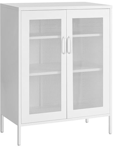 SONGMICS Mehrzweckschrank mit Gittertüren, Aktenschrank, Aufbewahrungsschrank, Schrank mit 3 Ebenen, pro Einlegeboden bis 25 kg belastbar, für Küche, Flur, Wohnzimmer, mattweiß OMC002W02