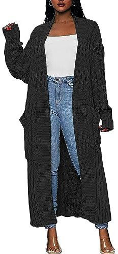 Caracilia Womens Long Cardigan Sweaters 2025 Fall Open Front Coat Long Sleeve Cable Knit Maxi Outerwear Trendy Jacket Clothes Black Large